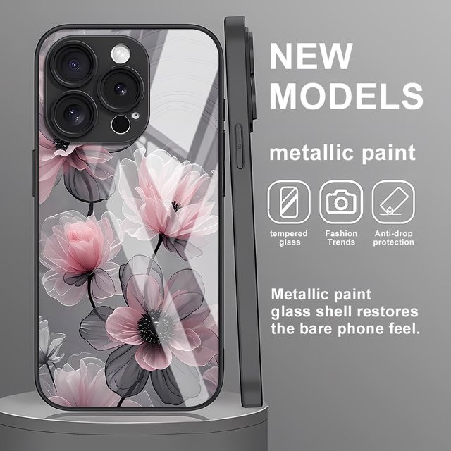 Handyhülle mit gehärtetem Glas und Blumen-Design für iPhone 11 bis iPhone 17 Pro Max, Multicolor - Bild 1