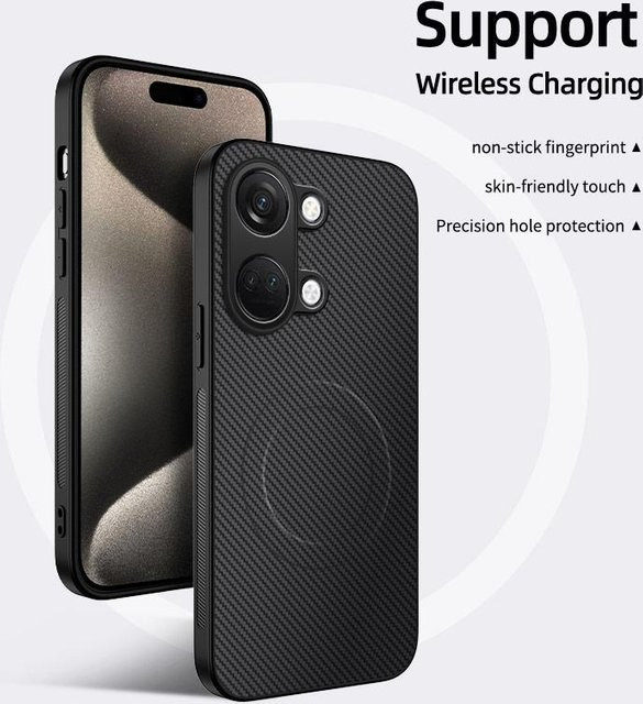 Magnetische Stoßfeste Handyhülle mit Kohlefaser-Textur und kabellosem Laden für OnePlus Nord 3 in Schwarz, Blau, Grau oder Lila - Bild 1