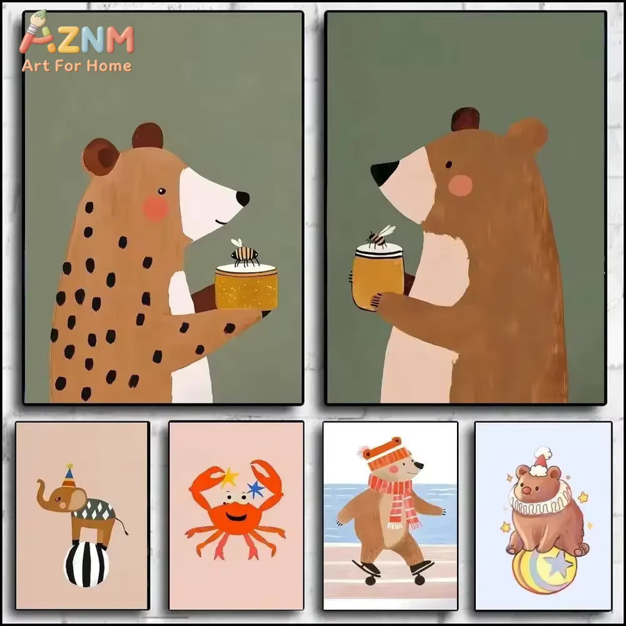 Kayou Abstrakte Leinwandkunst Zirkustiere Wandbild mit Bär, Elefant, Biene, Einhorn und Tiger in Mehrfarbig - Bild 2