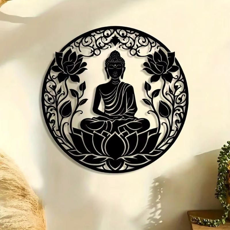 Wandskulptur Zen Lotus Mind aus Metall von CIFBUY mit Buddha und schwarzem Lotus in floralem Design - Bild 4