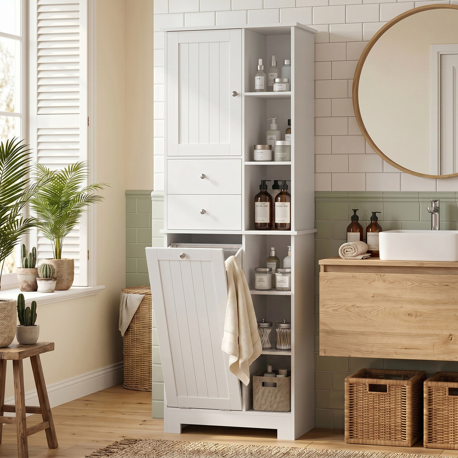 HOMCOM Badezimmerschrank als schmaler Hochschrank in Weiß mit ausklappbarem Wäschekorb, offenem Fach, 2 Schubladen und Soft-Close-Türen, B/T/H: 60 x 28,8 x 171 cm - Bild 2