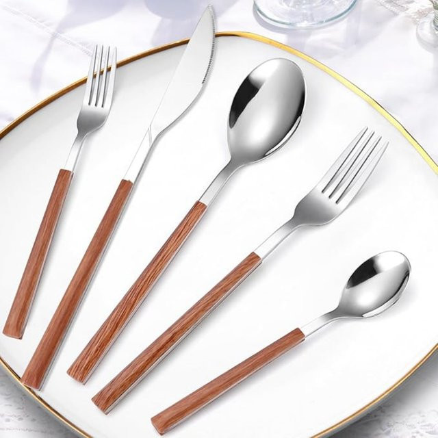 MYVIT Besteckset aus Edelstahl mit Holzoptik in Silber und Braun, bestehend aus Messern, Löffeln und Gabeln, 24-teilig - Bild 1