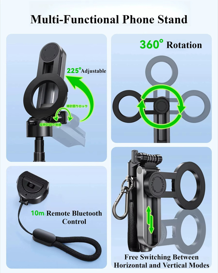 Eary Ausziehbarer Selfie-Stick Stativ mit Kabelloser Fernbedienung und Magnetischem Telefonhalter in Schwarz, 360 Grad Drehbarer Ständer für iPhone und Samsung - Bild 2