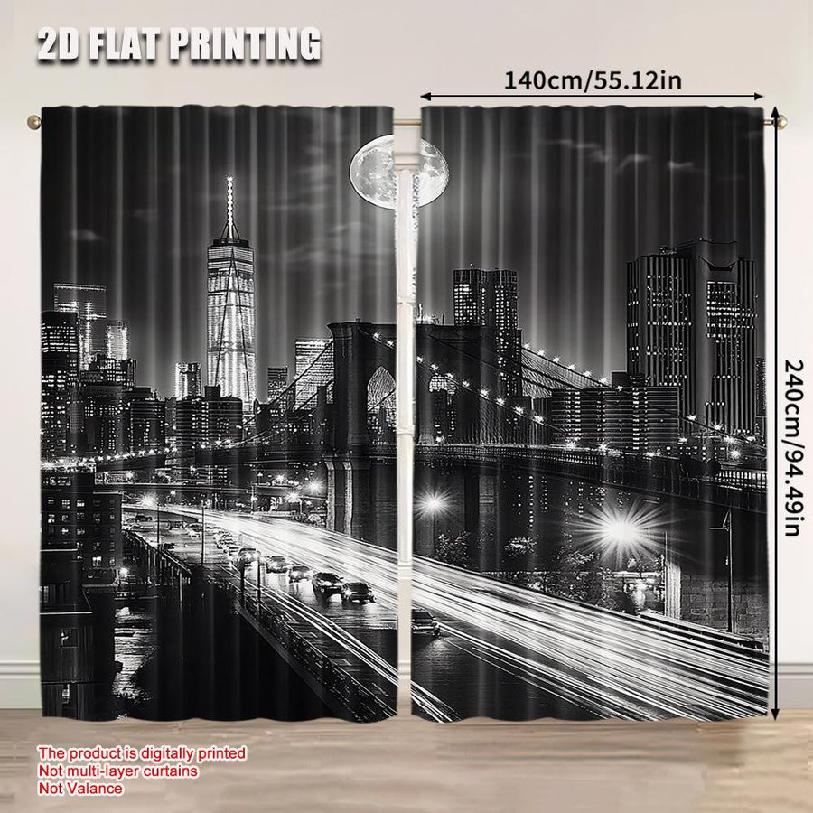 Vorhang-Set aus Polyester mit New York City Nachtszene in Schwarz und Weiß, 2er-Set, B: 100 cm, H: 70 cm - Bild 4
