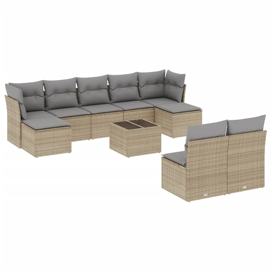 vidaXL 10-tlg. Garten-Sofagarnitur in L-Form aus Poly-Rattan mit Kissen, Beige-Grau - Bild 2