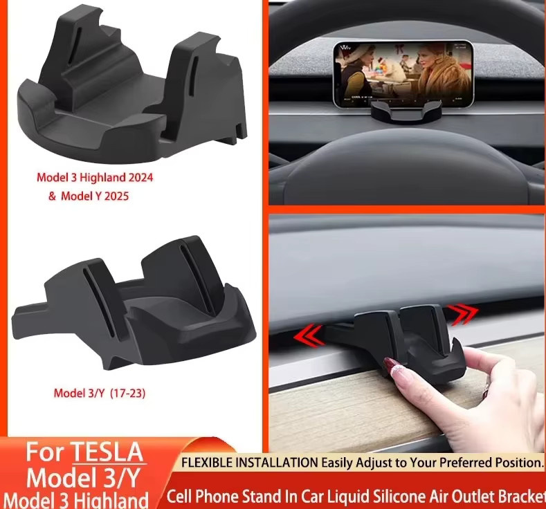 Tesla Modell 3 & Model Y Highland 2017–2024 Autotelefonhalter aus flüssigem Silikonkautschuk in Schwarz für die Armaturenbrett-Entlüftung - Bild 2