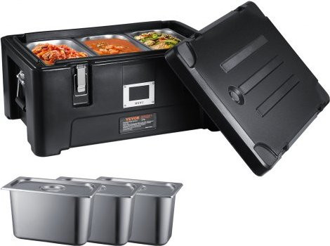 VEVOR Isolierte Thermobox für Catering in Schwarz mit 3 Edelstahlbehältern, 34 Liter Fassungsvermögen, stapelbarer Lebensmittelbehälterträger aus LLDPE-Kunststoff - Bild 1