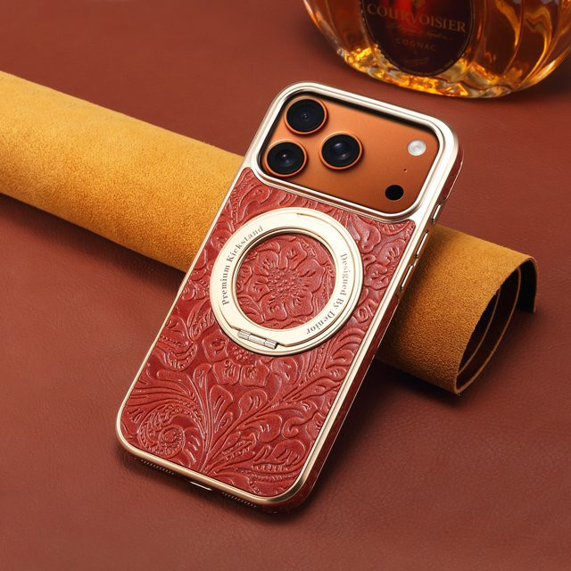 Denior Echtleder Handyhülle mit 360 Grad drehbarer Halterung und Retro-Design für iPhone 17 16 15 14 13 Air Pro Max in Rot - Bild 1