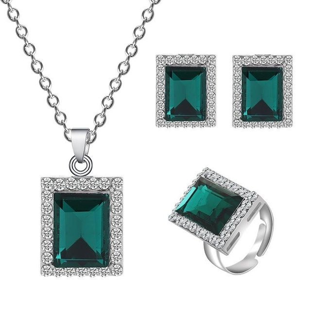 Ringset, Kupfer, Silber, Zirkonia, Kristall, Damen, grün - Bild 1