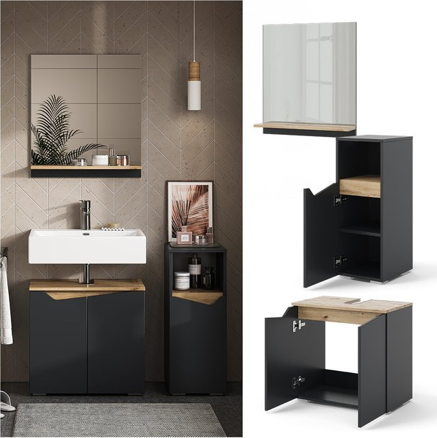 Vicco Badmöbel-Set Marelle Anthrazit Eiche, 3-teilige Badezimmer-Kombination mit Badspiegel, Waschtischunterschrank und Midischrank - Bild 1