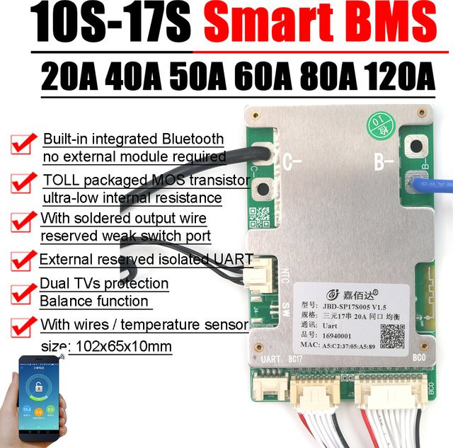 JBD Bluetooth Smart BMS Batteriemanagementsystem für Li-Ion und LiFePO4 Akkus, 10S bis 17S, Farbe: Grün - Bild 1