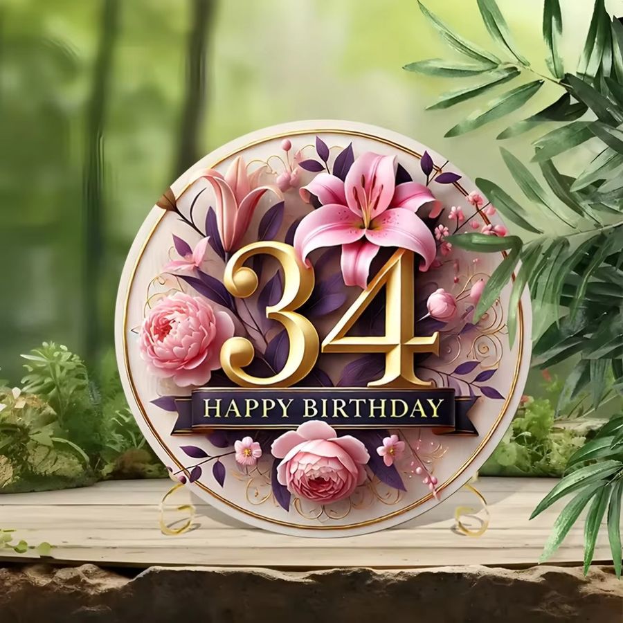Potdemiel Vintage Metall-Wandblechschild Happy 34th Birthday mit Blumenmuster in Gold und Schwarz, Durchmesser: 20,32 cm - Bild 4