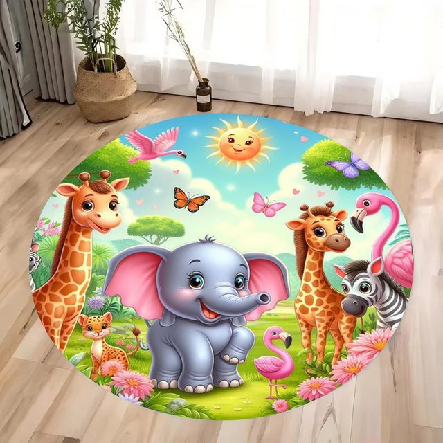 Runder dekorativer Teppich mit Löwen-Motiv für Wohnzimmer, Schlafzimmer und Kinderzimmer, Mehrfarbig - Bild 1