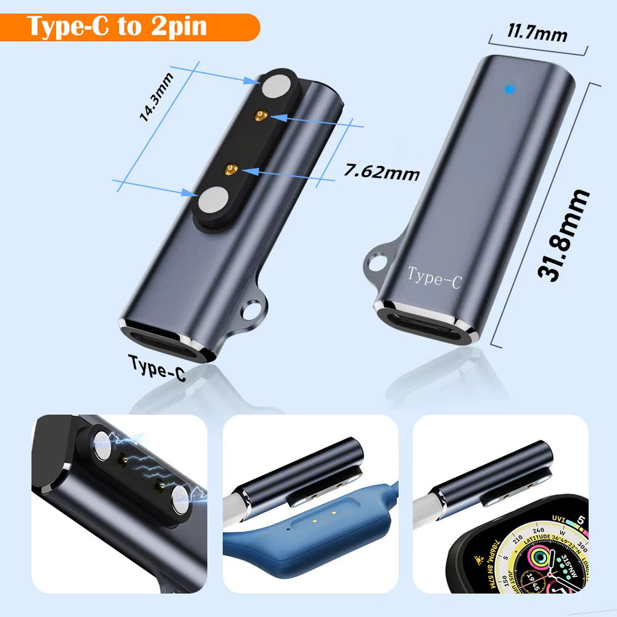 Magnetischer Ladeadapter USB-C auf 7,62 mm 2-Pin/4-Pin für Shokz Knochenleitungs-Kopfhörer und Smartwatches, Schwarz - Bild 5