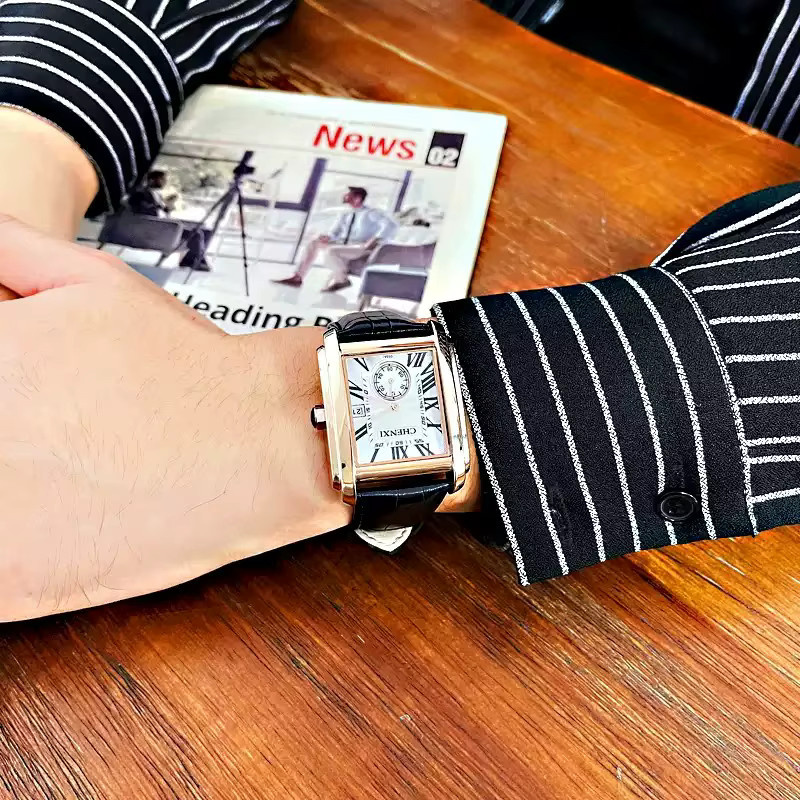 CHENXI Armbanduhr Herren, Quarz, Eckiges Zifferblatt, Leder, Silber - Bild 5