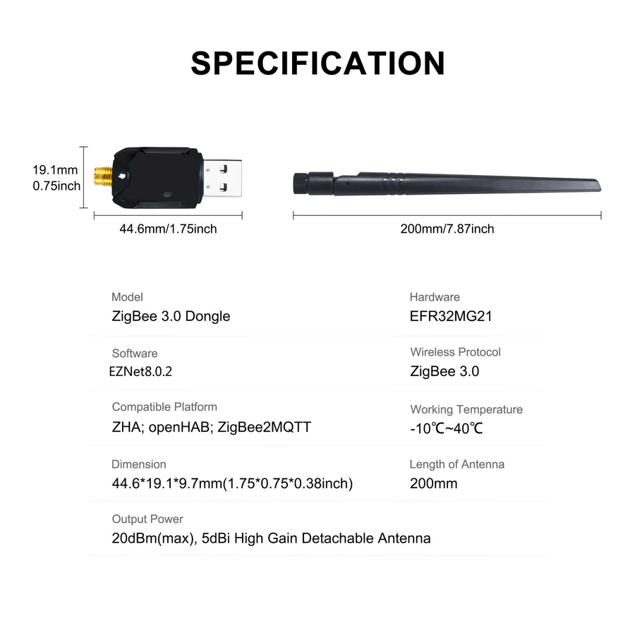 GIRIER ZigBee 3.0 USB-Gateway Dongle mit Antenne in Schwarz, kompatibel mit Home Assistant, OpenHAB und ZigBee2MQTT - Bild 4