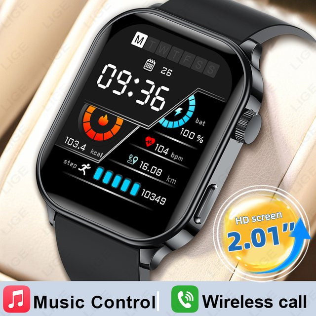 LIGE Smartwatch mit 2,01 Zoll Display, Bluetooth Anruffunktion, Herzfrequenz-Monitor und IP68 Wasserdichtigkeit, Farbe: Schwarz - Bild 1