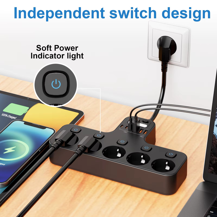 Steckdosenleiste 12 in 1 mit EU-AC-Stecker, Wandmontage, 4000 W, unabhängige Schalter, Sensor-Nachtlicht, 3 USB-C und 3 USB-A Anschlüsse, Schwarz - Bild 4
