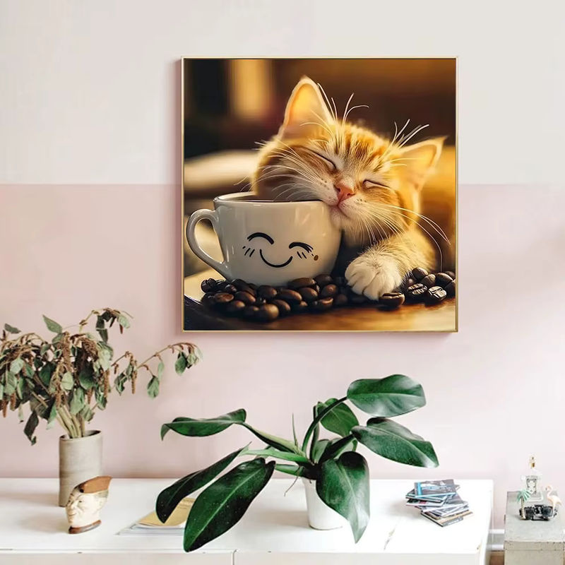 Huacan DIY 5D Diamant-Malerei Set Schlafende Katze mit Kaffeetasse, mehrfarbig, Wanddekoration - Bild 3