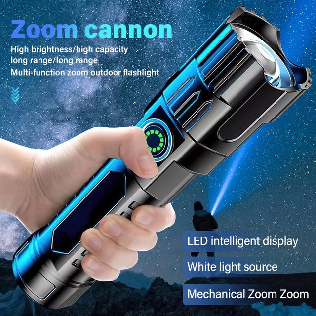 Heinast Taktische Super Power Taschenlampe in Schwarz mit USB wiederaufladbarem Akku und Teleskop-Zoom aus Metall - Bild 1