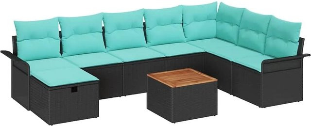 vidaXL Gartensofa-Set aus Polyrattan in Schwarz mit 9 Kissen und Akazienholz-Gestell in U-Form - Bild 1