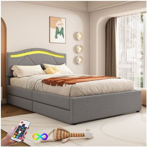 Gepolstertes MUVOE Bett mit LED-Beleuchtung und 2 Stauraumschubladen in Grau, B/T: 90 x 200 cm - Bild 1
