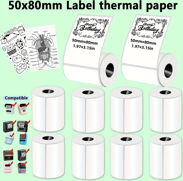 Selbstklebende Thermo-Etikettenaufkleber in Weiß für tragbare Thermodrucker, B/H: 50 x 80 mm - Bild 1
