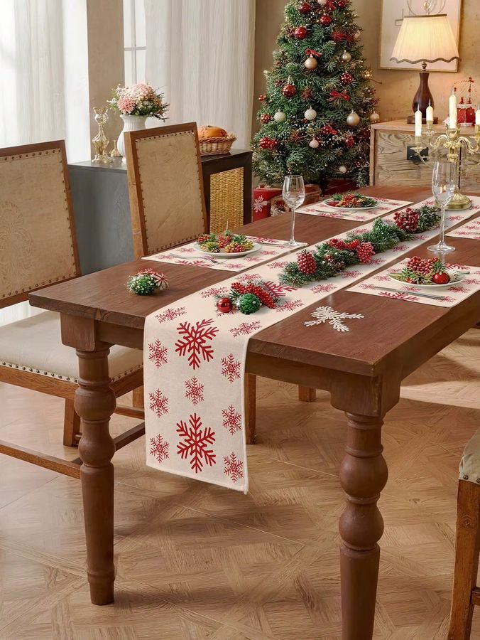 JIT Weihnachts-Tischläufer aus Leinen in Rot mit Schneeflockenmuster zur Tischdekoration - Bild 4