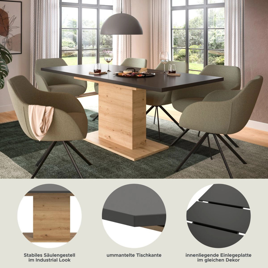 Home-X Esstisch ausziehbar in Grau und Eiche, modern und rechteckig - Bild 5