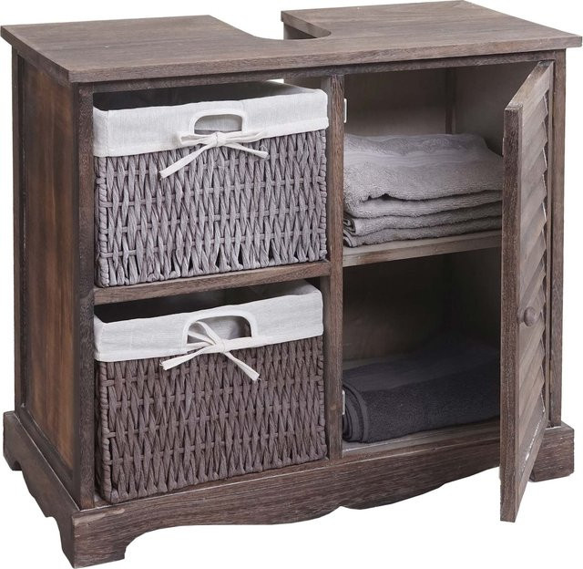 Waschbeckenunterschrank MCW-H20 aus Massivholz mit Korb-Schublade in Shabby Braun, B/T/H: 60 x 31 x 65 cm - Bild 1