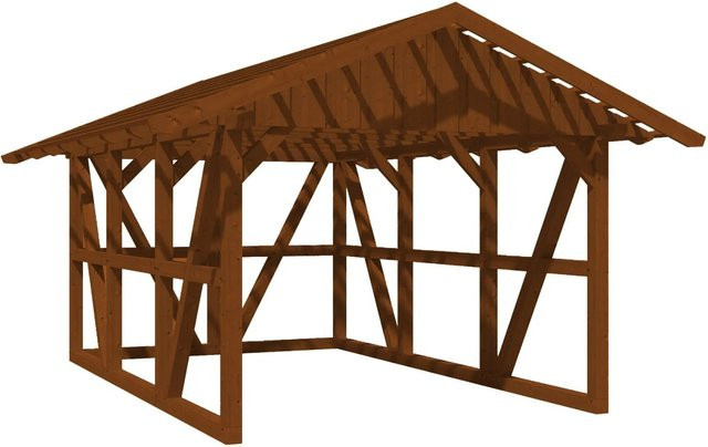 Skan Holz Carport Schwarzwald mit Satteldach, Dachlattung und Rückwand aus Fichtenholz in Nussbaum Braun, B: 424 cm, T: 600 cm - Bild 1