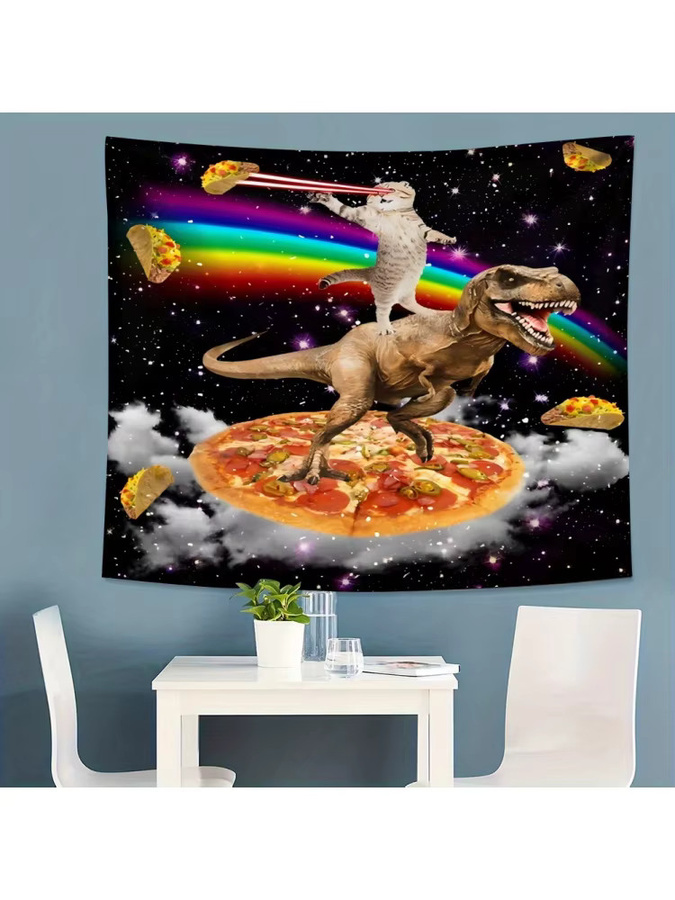 VIKAMA Fantasy Cartoon Wandteppich mit Tyrannosaurus Rex, Pizza und Regenbogen, Mehrfarbig, Breite: 60 cm, Höhe: 40 cm - Bild 5