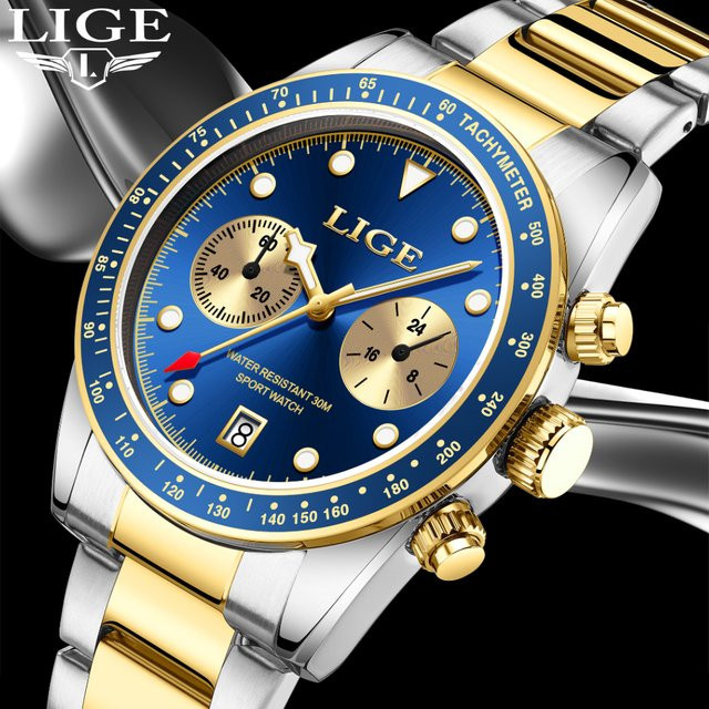 LIGE Armbanduhr, Quarz, Edelstahl, Bicolor, Blau, Herren - Bild 1