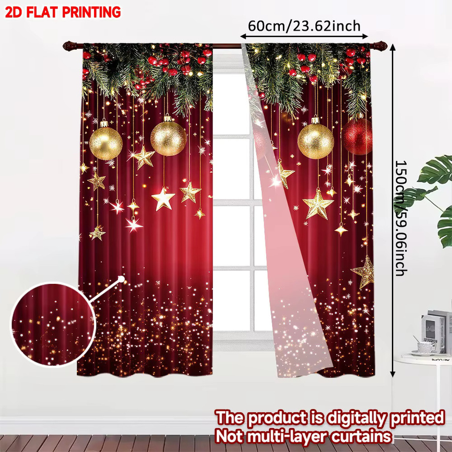 Set aus 2 Weihnachtsvorhängen mit goldenen Sternen, digital bedruckte Polyester-Vorhänge in Rot und Gold, halbtransparent mit Ösen - Bild 2