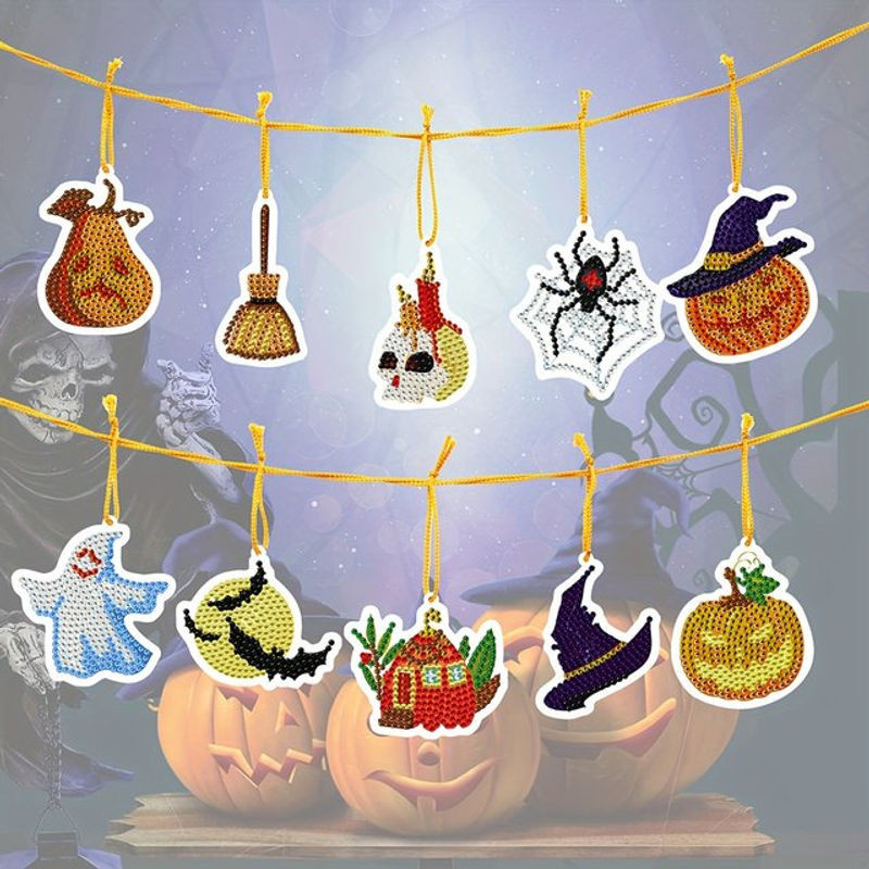 10er Set DIY Diamantmalerei Halloween Anhänger mit Kürbis, Spinne und Geist als Mosaik-Ornament in Mehrfarbig - Bild 1