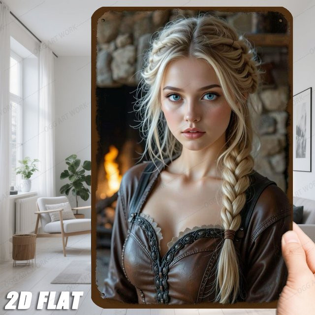 HELLOYOUNG Metall-Wandkunst Eisenschild mit brauner Lederjacke und goldenem Zopf, B/H: 20,3 x 30,5 cm, Mehrfarbig - Bild 1