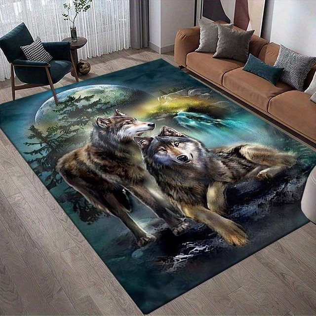 Wolfdruck Kristallvelours Teppich mit Wolfmotiv in Grau, Polyestermatte für Innen und Außen, B/T: 60 x 90 cm - Bild 1