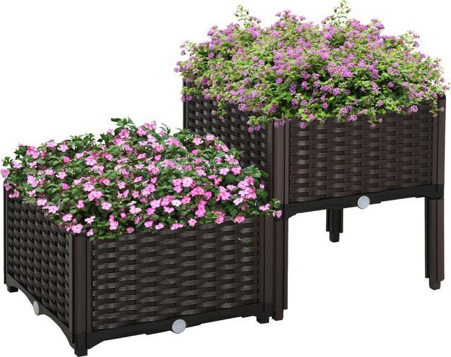 Outsunny Doppelter Pflanzkasten im Rattan-Look mit Abflusslöchern, Braun, B/T/H: 80 x 40 x 44 cm - Bild 1