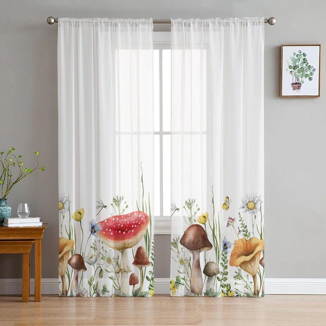 Yiran Furniture Transparentes Tüll-Fensterdekoration Pilzmuster Organza-Vorhang in Weiß, Breite: 135 cm, Höhe: 115 cm - Bild 1
