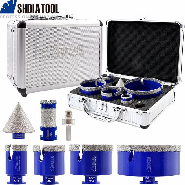 SHDIATOOL 7-teiliges Diamant-Kernbohrer-Set mit Lochsäge Ø35-100mm, Fasenfräser 50mm und Fräsfingerfräser 25mm inklusive HEX-Adapter für Keramikfliesen, Blau - Bild 1