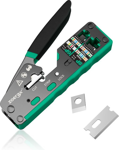 ZOERAX Netzwerk Crimpzange für RJ45 CAT6 CAT5E Pass Through Stecker in Gelb mit Ersatzklinge - Bild 1