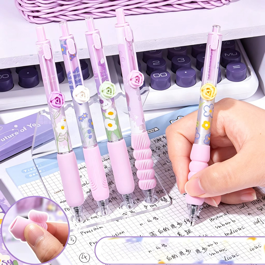 Daisy Garden Gelstifte Set mit 5 Stück, schwarze Tinte, 0,5 mm, mit Rosenclips und weichen Griffen für Schule und Büro - Bild 3