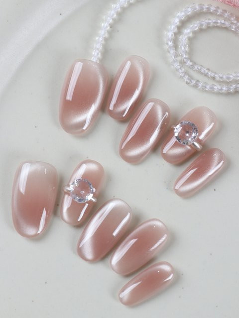 XEERCOOU Künstliche Nägel Rosa Katzenaugen, Glitzer-Diamanten, 10 Stück - Bild 1