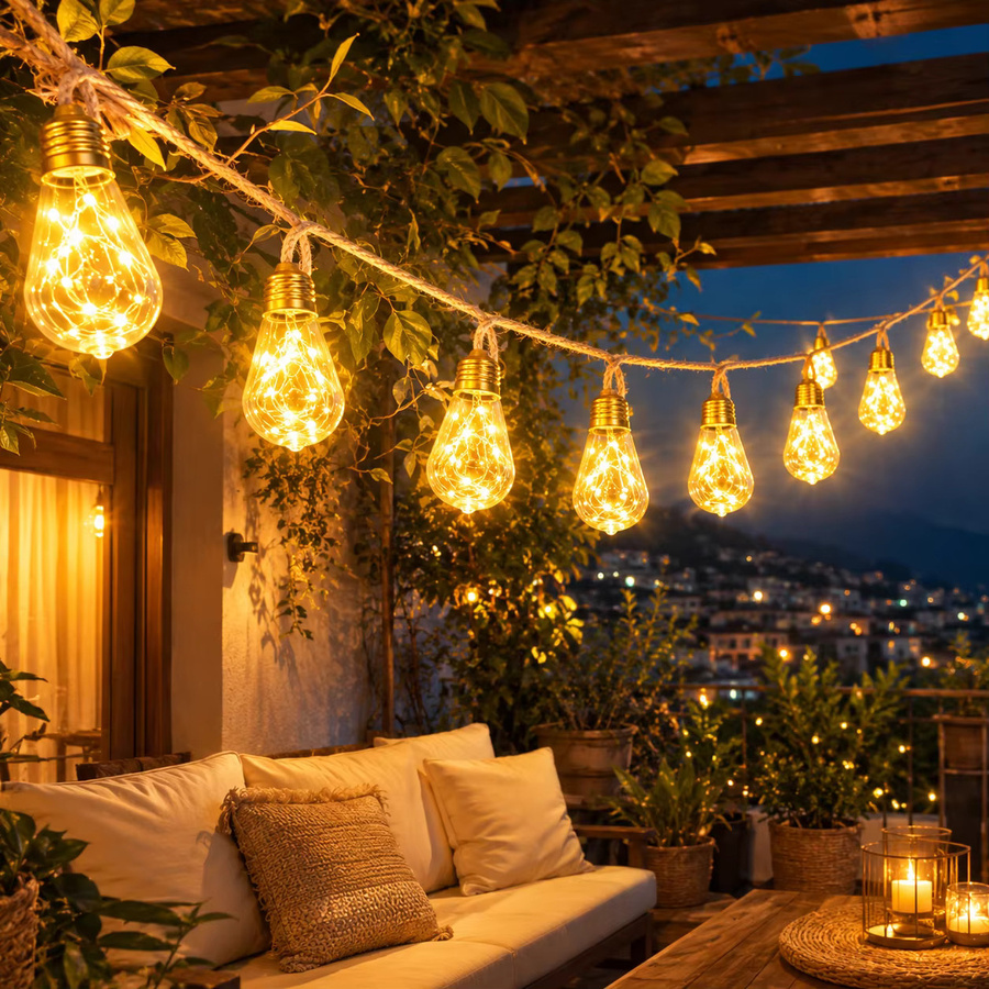 USB Hanfseil-Lichterkette mit warmweißen LED Vintage-Glühbirnen in Weiß für deine Dekoration im Schlafzimmer, auf dem Balkon oder bei Partys - Bild 5