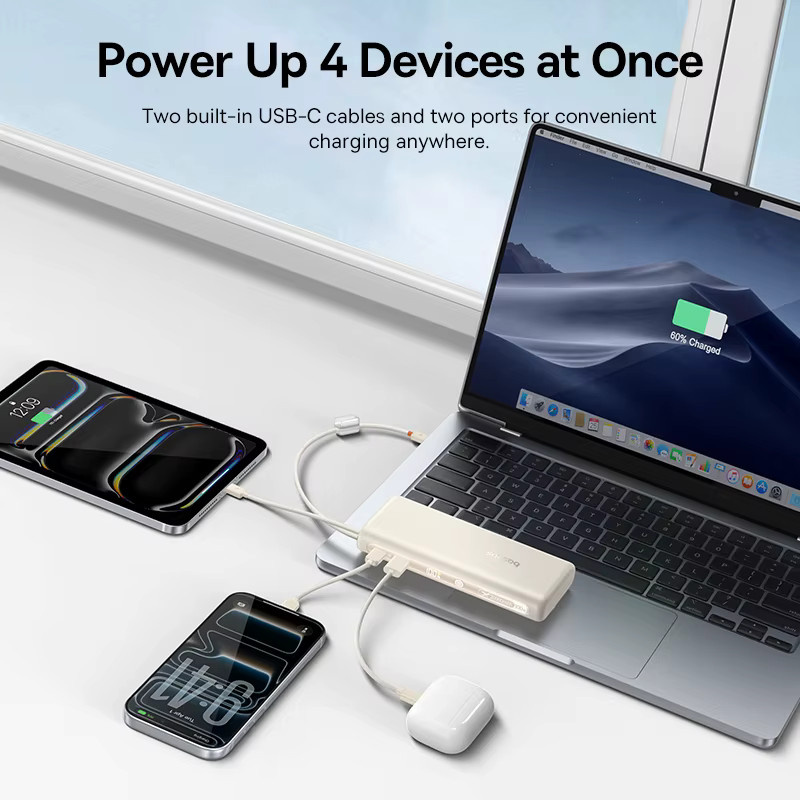 Baseus Powerbank 20000 mAh mit 100 W Schnellladefunktion, integriertes Dual-USB-C-Kabel und Digitalanzeige, Farbe: Weiß - Bild 5