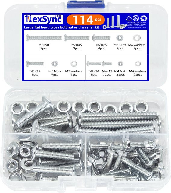 NexSync 114-teiliges Set aus verzinkten Eisenschrauben, Bolzen, Muttern und Unterlegscheiben in Silber mit Kreuzschlitz-Flachkopf und großen Rundmuttern (M4/M5/M6) - Bild 1