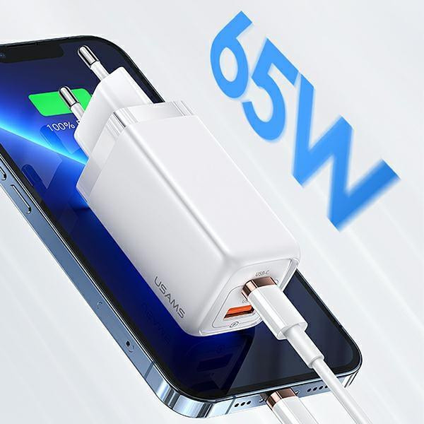 USAMS 65W Netzladegerät mit Power Delivery, USB-C und USB-A, Weiß - Bild 2