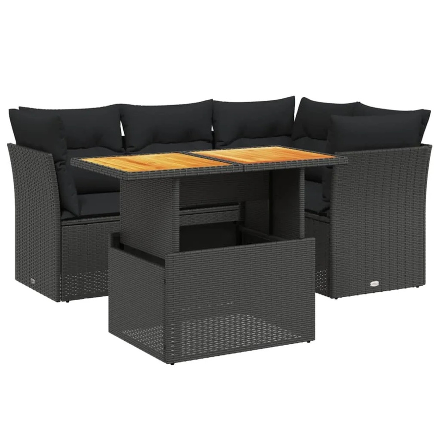 vidaXL 5-teilige Garten-Sofagarnitur in L-Form aus schwarzem Poly-Rattan mit Kissen und Tisch - Bild 2