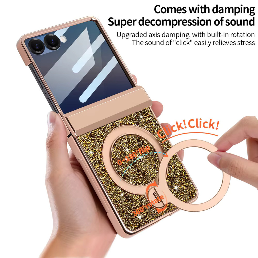 Glitzer-Kunstleder-Handyhülle für Samsung Z Flip 7 und Samsung Z Flip 6 in Gold mit magnetischem drehbarem Ständer, Anti-Spionage-Folie und Scharnierschutz - Bild 4