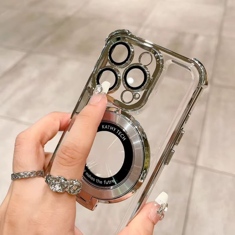 EIENACOCO Stoßfeste Handyhülle mit MagSafe Magnet und Ständerfunktion für iPhone 12 bis 17 Pro Max, Transparent/Gold - Bild 3